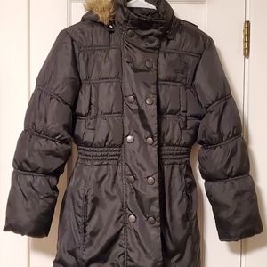 Steve Madden "Madden Girls" MEDIUM black puff coat with cinch waist, fur hood